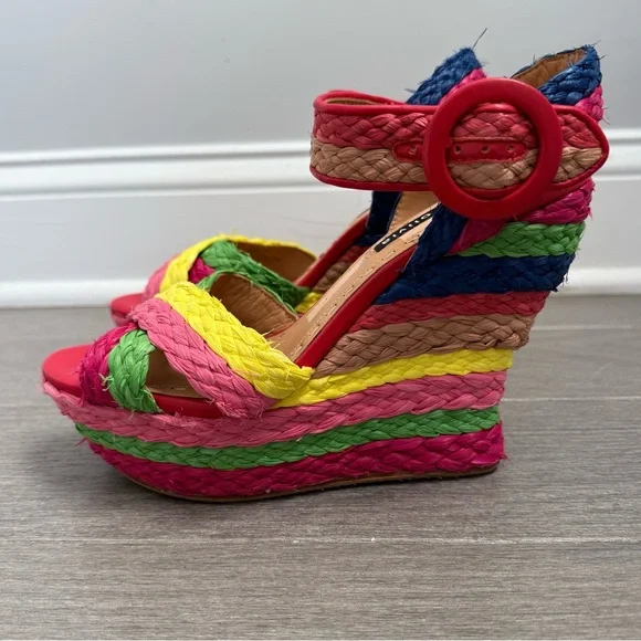Alice + Olivia Josiey Rainbow Raffia Wedge Sandals Size 8 Colorful Platform Shoe - Picture 9 of 16
